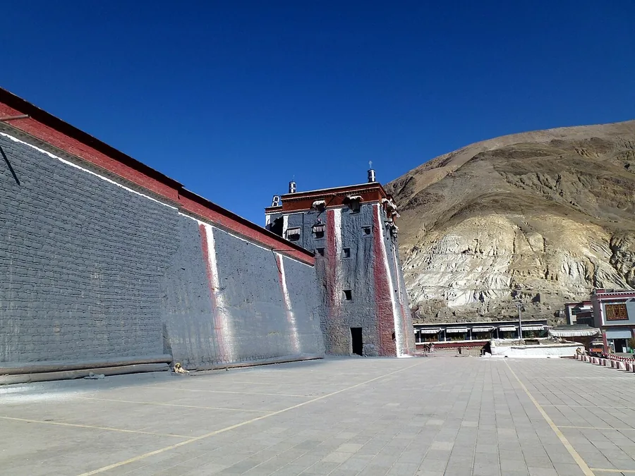 The exterior wall and tower of Sakya's southern monastery complex in Tibet; photograph date unknown.