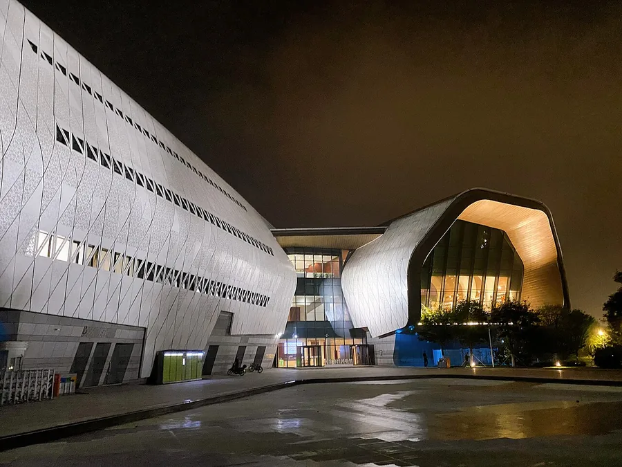 The entrance-side architecture of the National Maritime Museum of China in Tianjin at night.