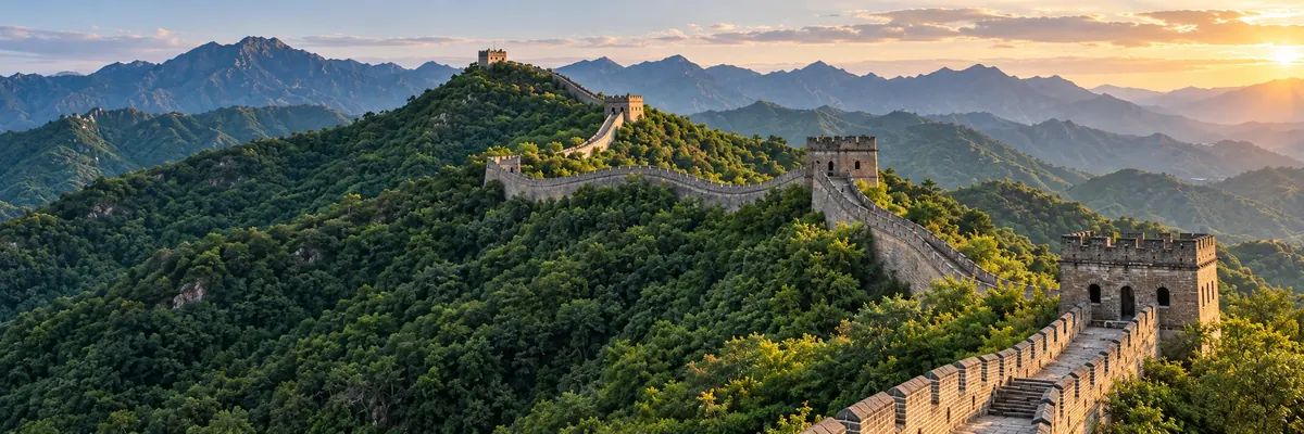 AI illustration of the Great Wall winding through green mountains