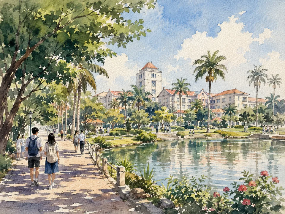 AI watercolor illustration of a southern coastal campus inspired by Xiamen University; not a photograph.