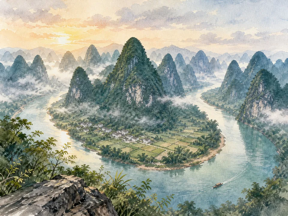 Watercolor interpretation of Xianggong Mountain in Yangshuo County, Guilin, Guangxi.
