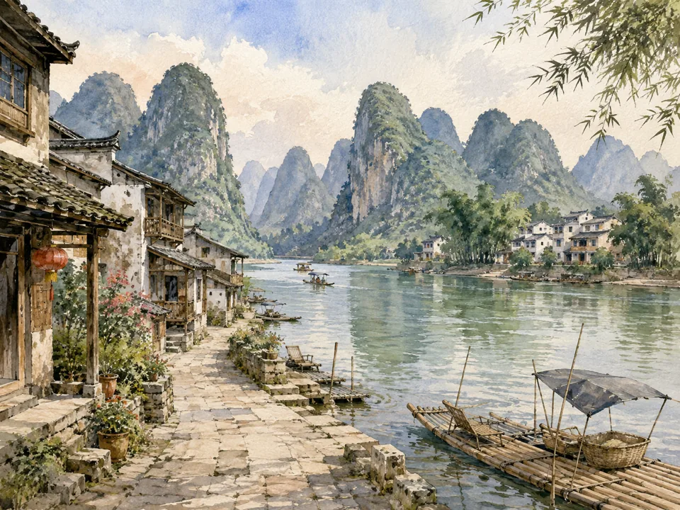 AI watercolor interpretation of Xingping Town in Xingping, Yangshuo County, Guilin, Guangxi. Not a photograph.