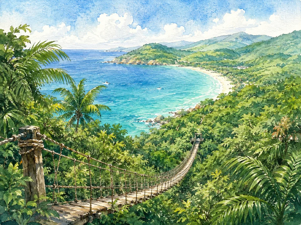 Watercolor interpretation of Yalong Bay Tropical Paradise Forest Park in Yalong Bay, Sanya, Hainan.