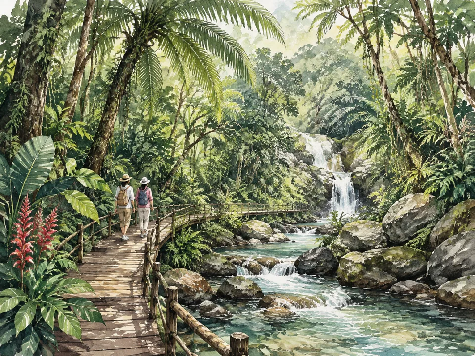 Watercolor interpretation of Yanoda Rainforest in Baoting County, Hainan.
