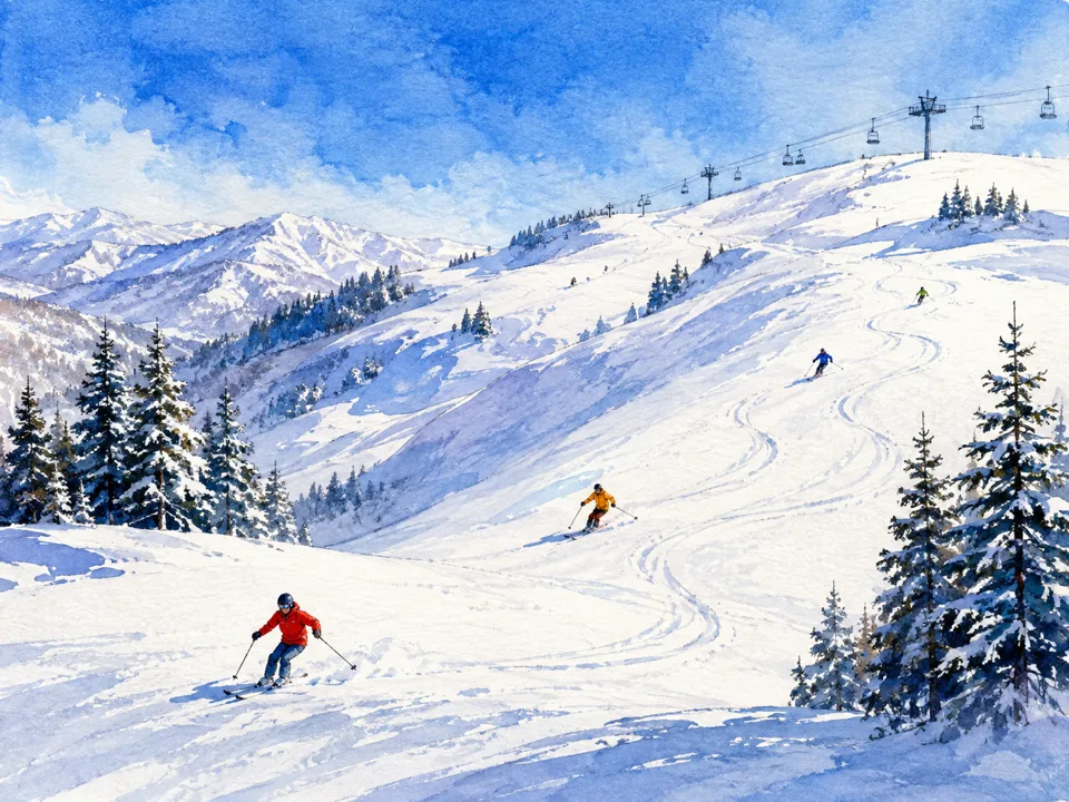 AI watercolor illustration of a snowy skiing landscape inspired by Wanlong in Chongli; not a photograph.
