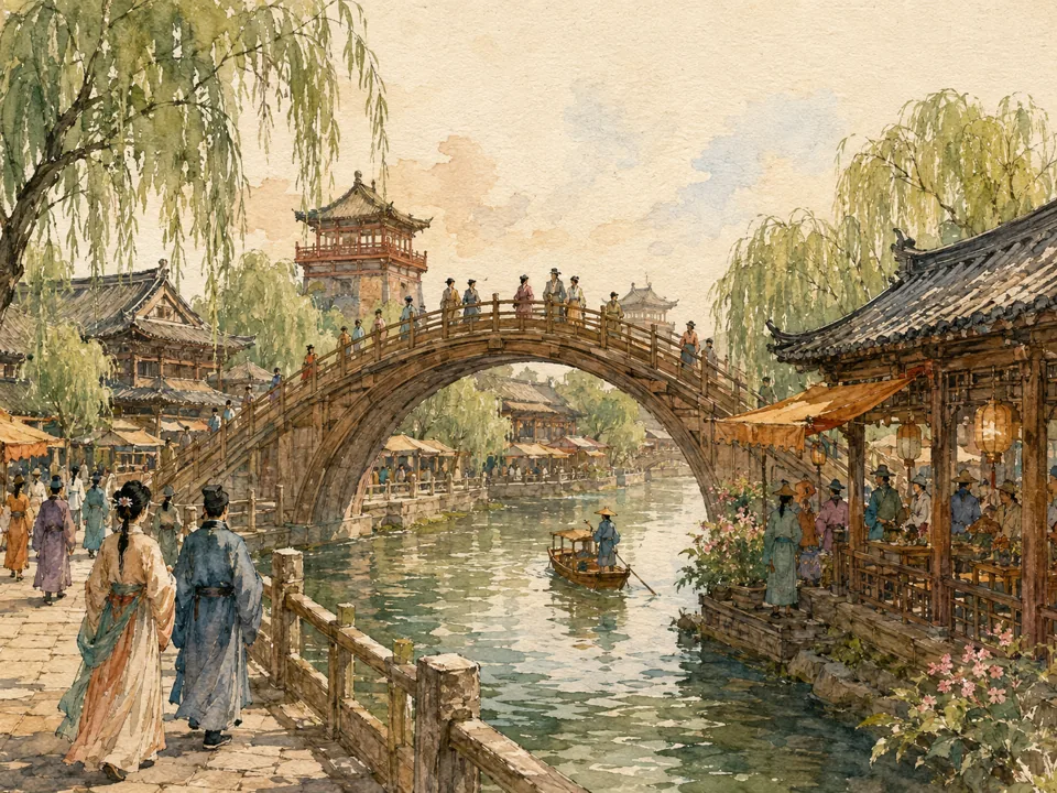 AI watercolor illustration of a Song-era-themed park experience inspired by Millennium City Park, Kaifeng; not a photograph.
