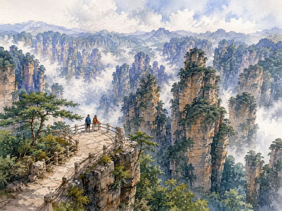 Watercolor interpretation of Huangshi Village in Zhangjiajie, Hunan.