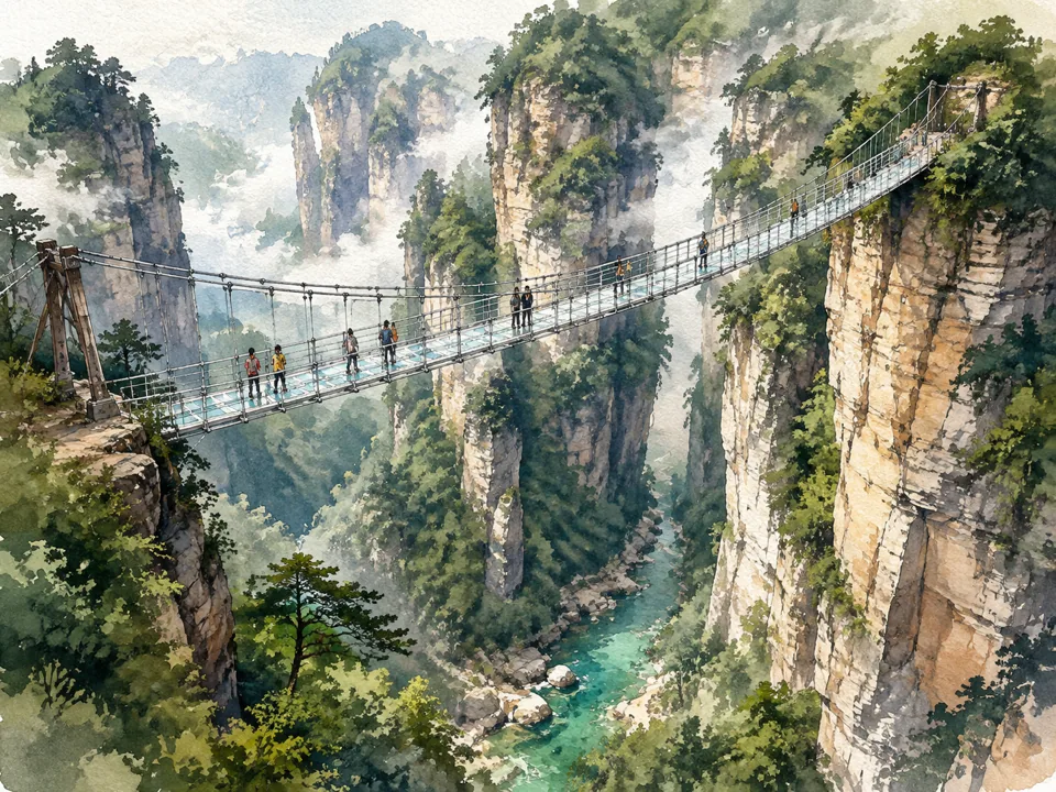 Watercolor interpretation of The Grand Canyon of Zhangjiajie in Zhangjiajie, Hunan.