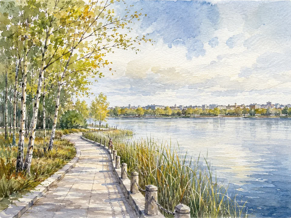 AI watercolor illustration of a northern lakeside park inspired by Beihu Park, Manzhouli; not a photograph.