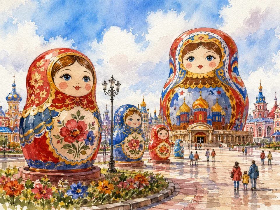 AI watercolor illustration of matryoshka-themed leisure in Manzhouli; not a photograph.