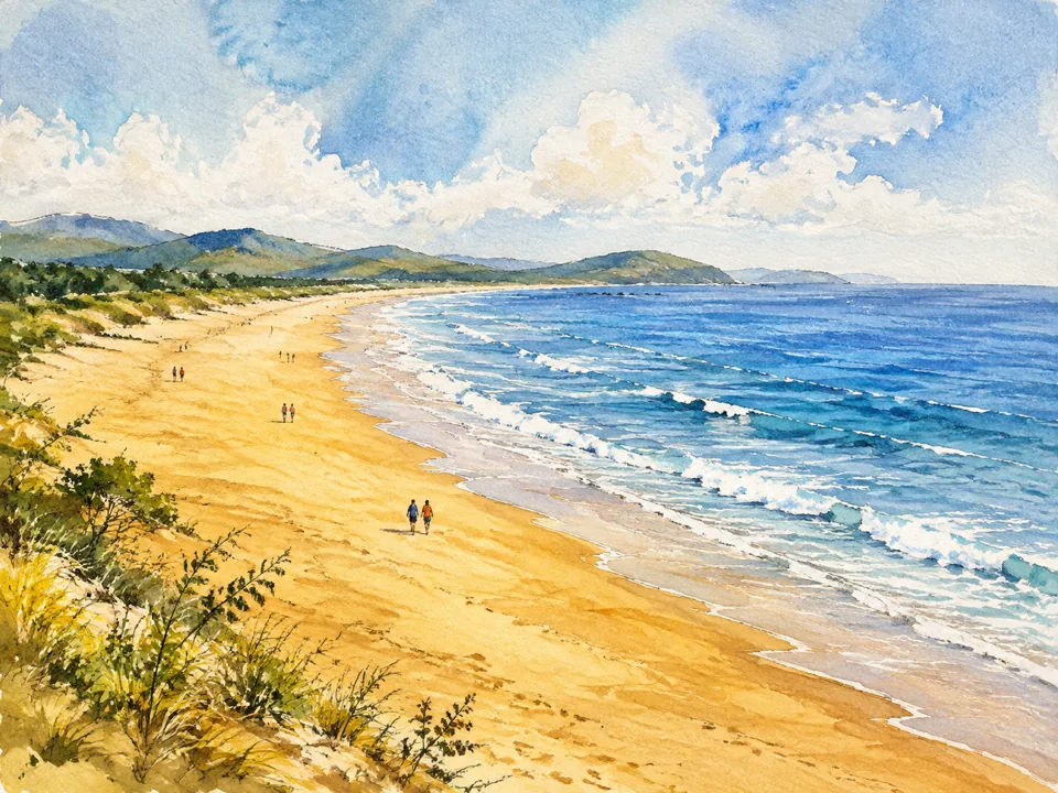 AI watercolor illustration inspired by Golden Beach's sandy coastline in Huangdao, Qingdao; not a photograph.