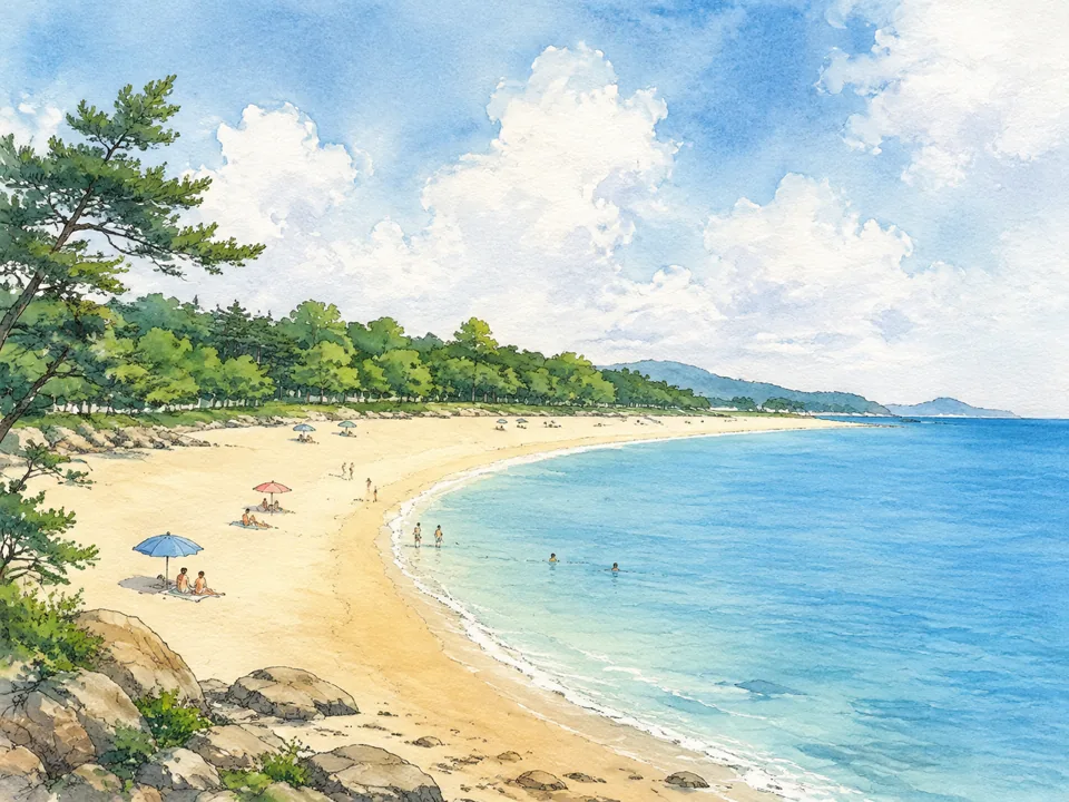 AI watercolor illustration of a relaxed seaside beach inspired by Weihai International Bathing Beach; not a photograph.