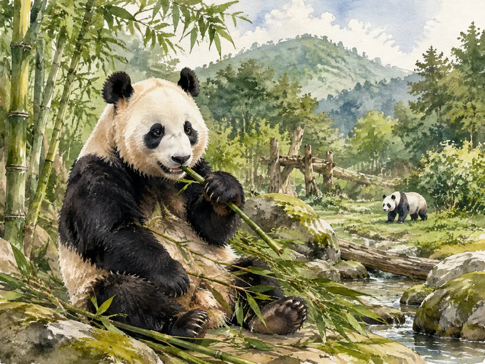 Watercolor interpretation of Dujiangyan Panda Base in Dujiangyan, Chengdu, Sichuan.