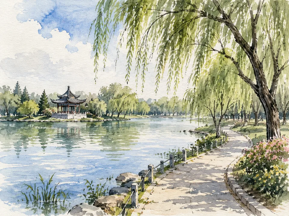 AI watercolor illustration inspired by the lakes and leisurely paths of Tianjin Water Park; not a photograph.