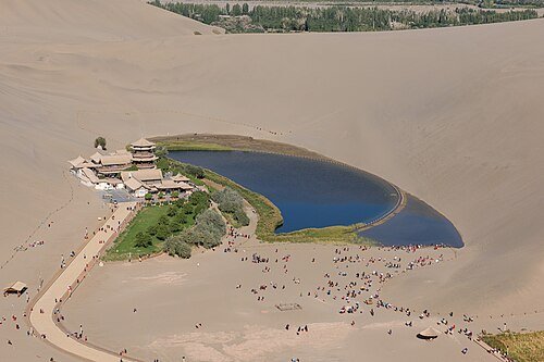 Crescent Lake among the Mingsha dunes near Dunhuang.