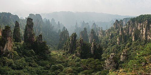 Sandstone pillars viewed from Tianzi Mountain in the Wulingyuan scenic area.