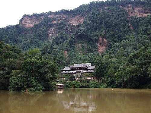 Lake and lower cableway station on Qingcheng Mountain.
