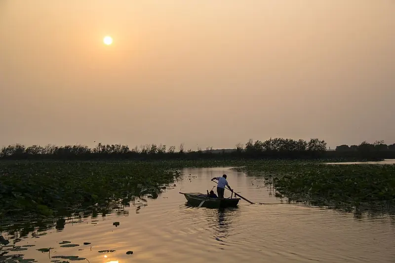 A small boat on Hengshui Lake in Hebei (河北衡水湖), photographed in warm evening light.