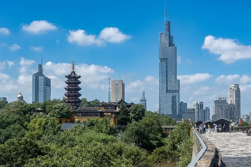 A view of Nanjing's central business district from the city wall (南京城墙), with traditional and modern buildings in the same frame.