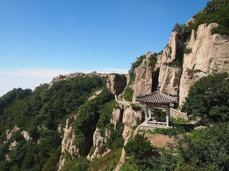 Cliffs and a pavilion on the summit circular route of Mount Tai (泰山), in Tai'an; photographed in July 2012.