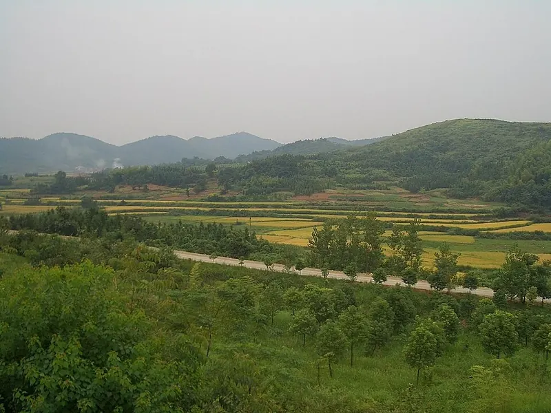 Fields and low hills about 15 km east of Xianning's city center (咸宁), photographed in September 2008.