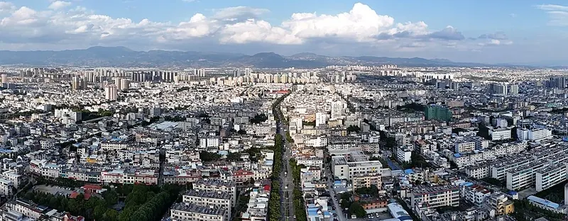 An aerial view of Baoshan's urban skyline (保山), photographed in June 2024.