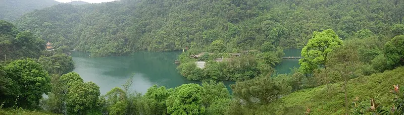 Forested slopes and water at Dinghu Mountain.