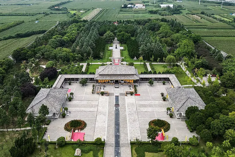 Aerial view of Xu Shen’s tomb and memorial grounds in Xu Shen Cultural Park.
