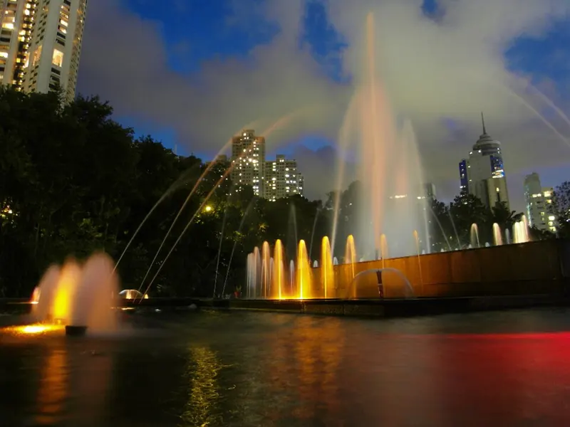 Illuminated fountain in Hong Kong Zoological and Botanical Gardens.