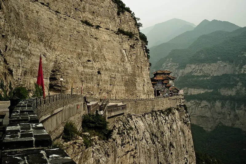 Cliffside temple and path on Mount Mian · 绵山