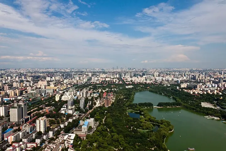 An elevated view of lakes and neighbourhoods in Haidian District, Beijing.