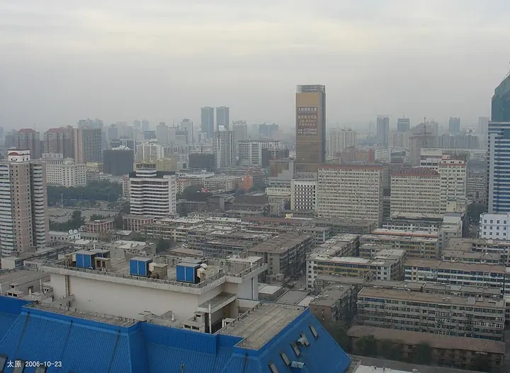 An elevated view over urban neighbourhoods in Yingze District, Taiyuan.