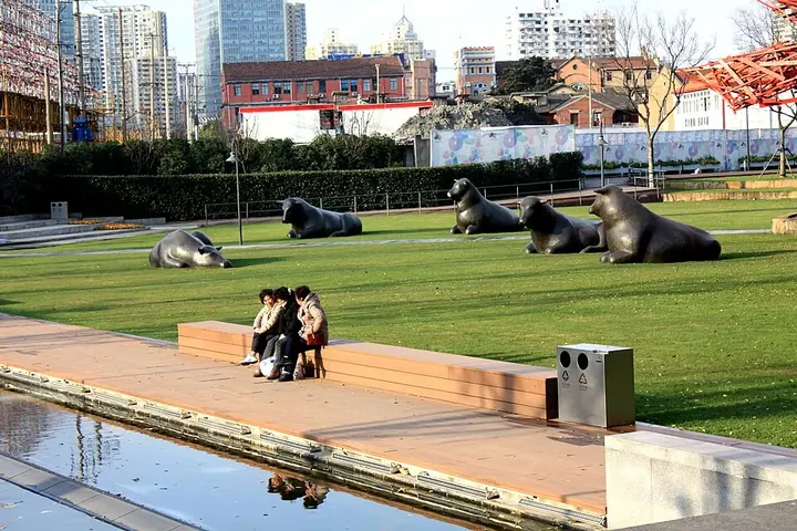 The lawns and sculptures at Jing'an Sculpture Park in Jing'an District, Shanghai.