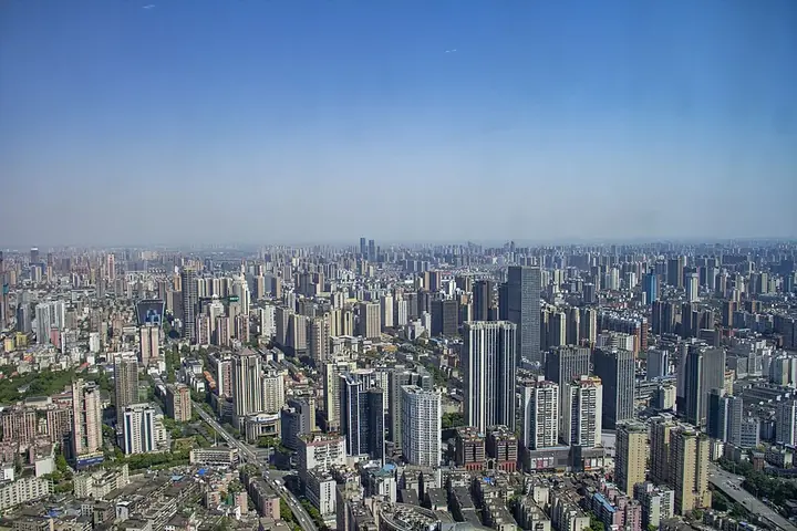 An elevated view over urban neighbourhoods in Furong District, Changsha.