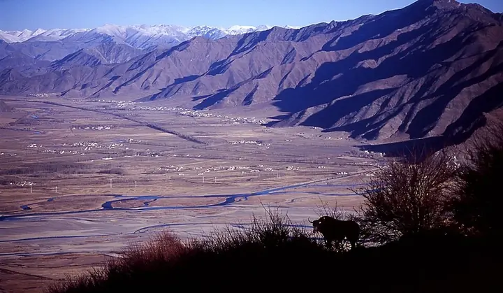 The Lhasa River valley seen from Ganden Monastery in Dagze District.