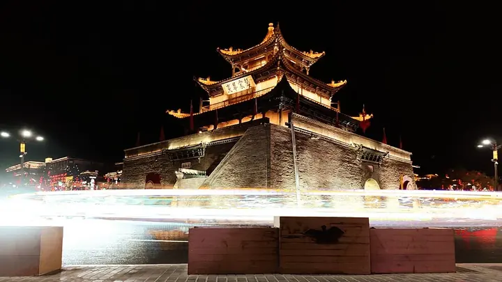 Jiuquan Bell Tower at night in Jiuquan, Gansu.