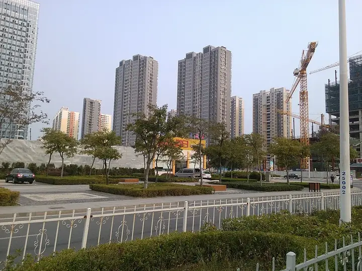 A tree-lined avenue and residential towers in Huangdao District, Qingdao. Photo: Taken on 9 October 2012.