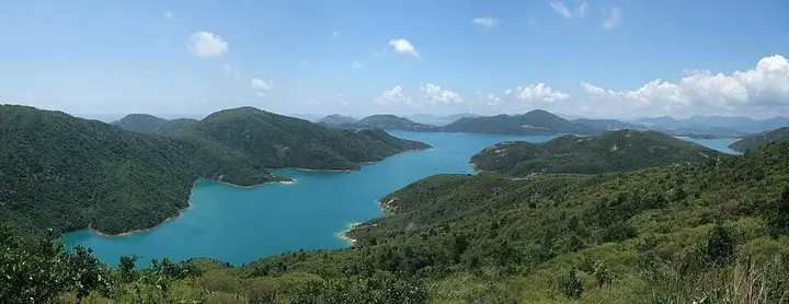 High Island Reservoir and its surrounding hills in Sai Kung District; the photographer stitched this continuous panorama from four photographs of the same scene. Shown locality: High Island Reservoir, Sai Kung District. Source-recorded photograph date: 17 August 2008.