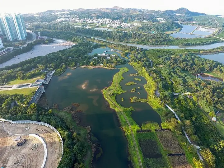Lakes and marsh landscape at Hong Kong Wetland Park · 香港湿地公园湖泊与湿地景观