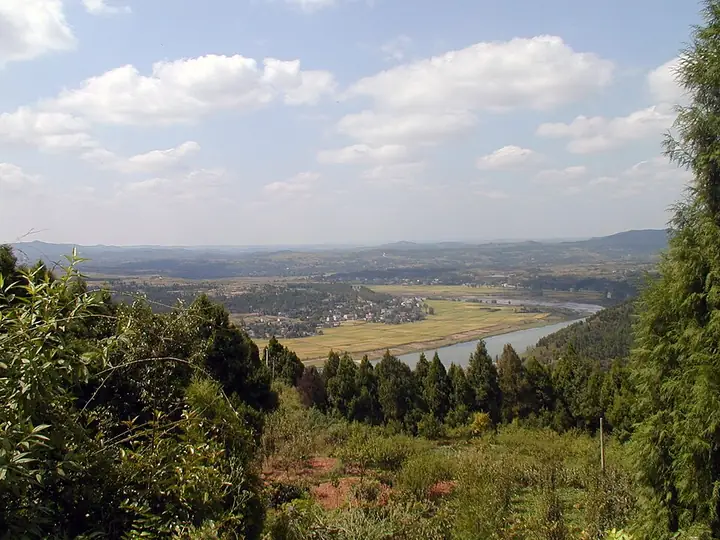 The Zitong townscape and surrounding countryside viewed from Wolong Mountain in Zitong County.