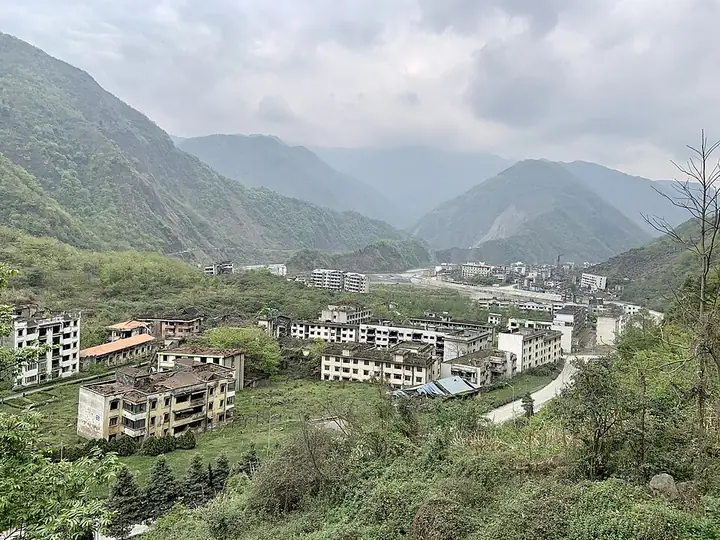 The preserved ruins of the old Beichuan county town at the Beichuan Earthquake Historic Site, viewed from the Sandaoguai lookout.