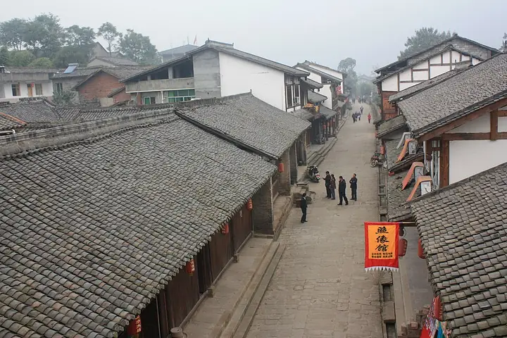 A traditional street and tiled rooftops in Zhaohua District, Guangyuan.