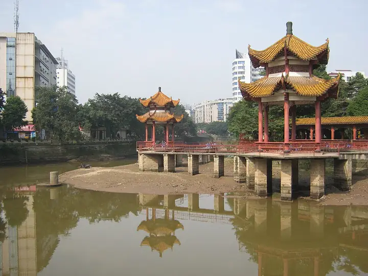 Pavilions beside a pond in Longchang, Sichuan.