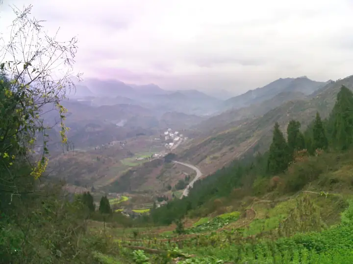 The wooded valley and rural landscape of Wuxing Village in Xishui County, Guizhou.