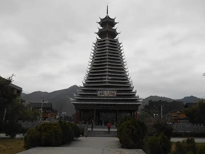A Dong drum tower at the village described by the source as Rongjiang’s First Dong Village, in Rongjiang County.