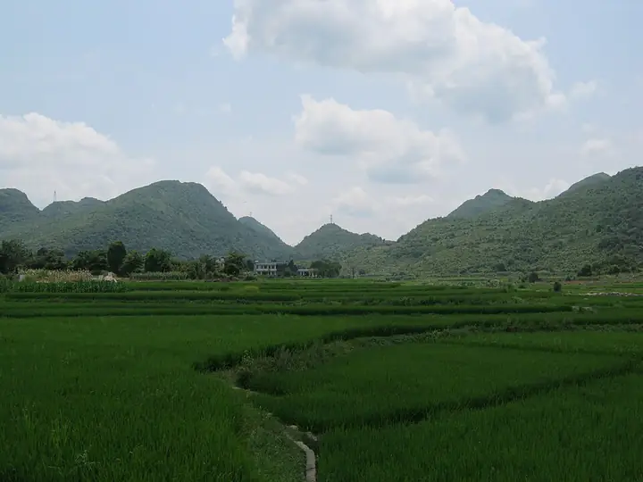 Rice fields beneath karst hills in Huishui County, within Qiannan prefecture.