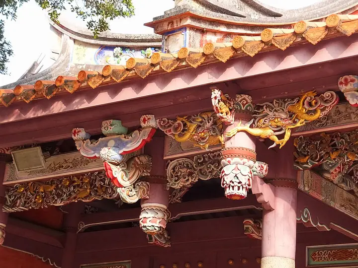 Decorated roof and painted brackets at Tainan Confucian Temple