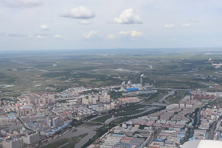 An aerial view of Hailar's urban area and river