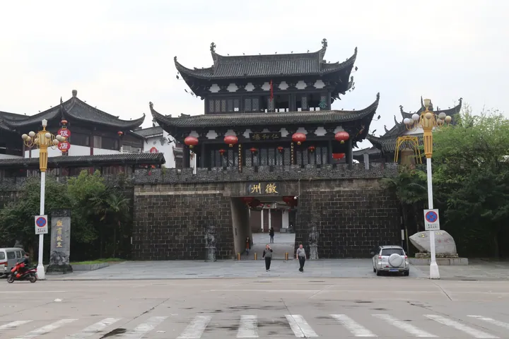 Front gate tower of Huizhou Ancient City with red lanterns
