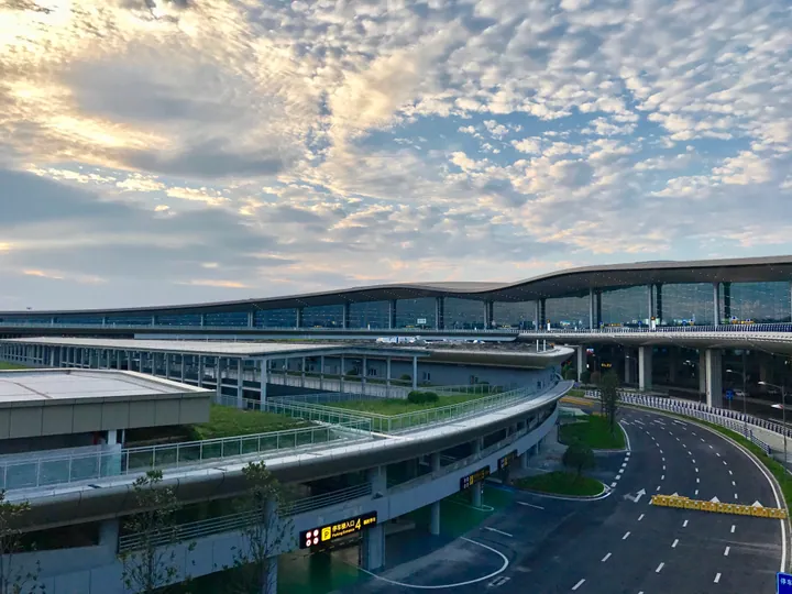Aerial view of Chongqing Jiangbei Airport Terminal 3 and access roads